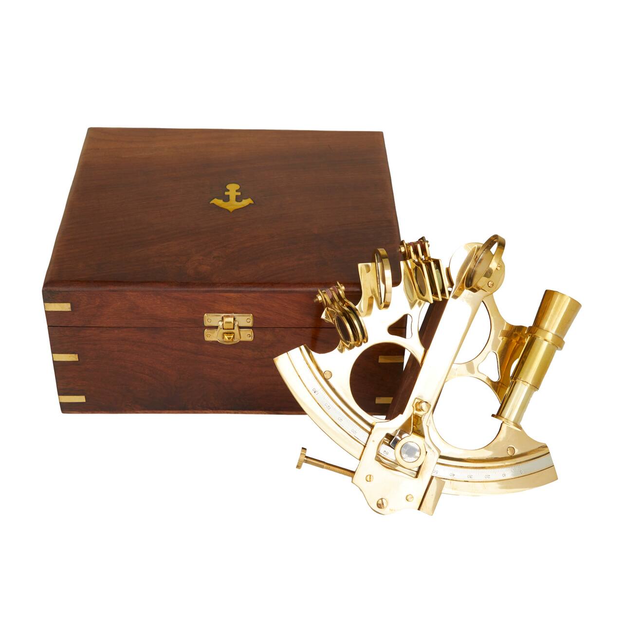 7 Gold Brass Sextant Compass with Decorative Wood Box